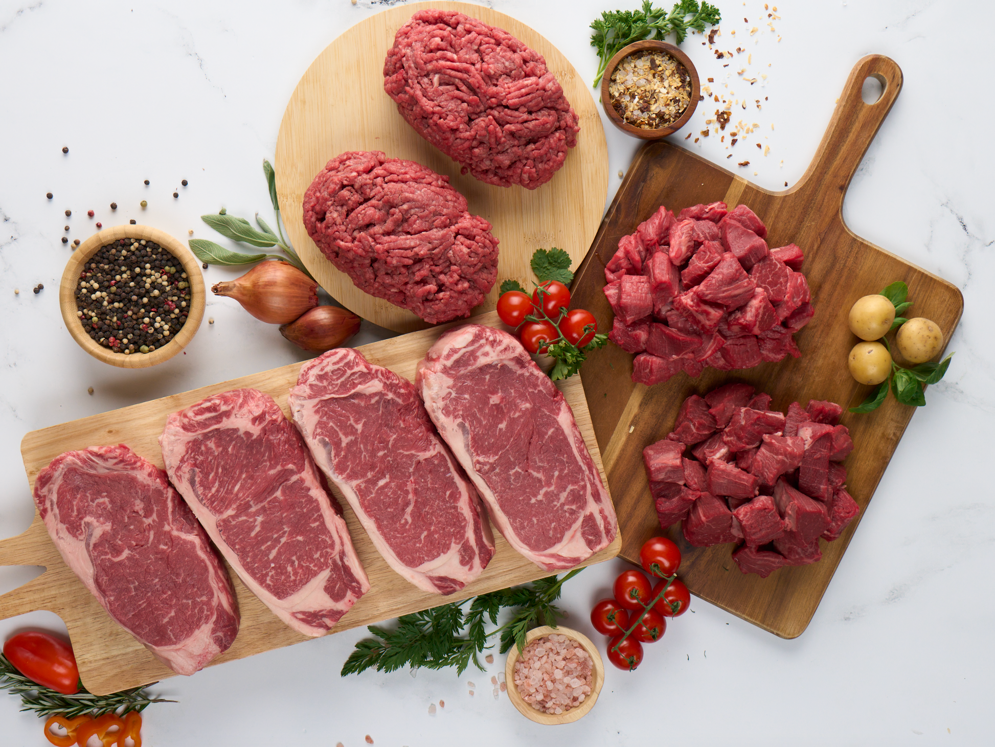 City Slicker USDA Prime Bundle from Riverbend Ranch – New York Strip Steaks, Tenderloin Tips, and Ground Beef